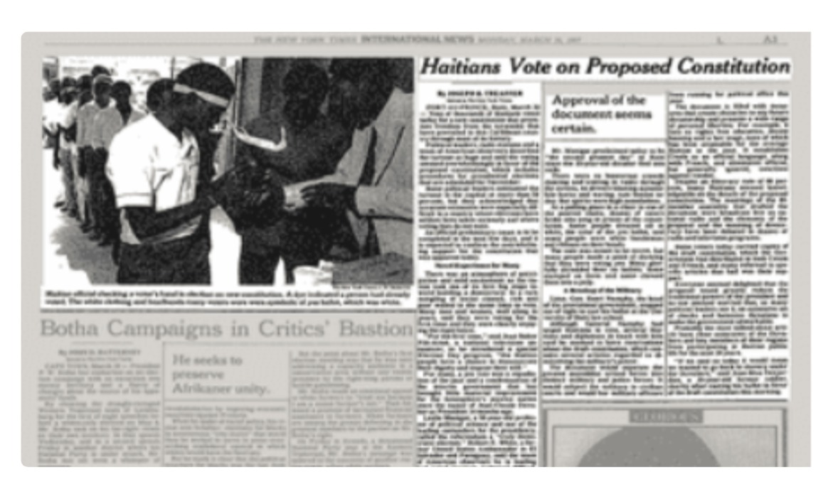 New York Times | Haiti, 29 mars 1987 : Tens of thousands of Haitians voted today for a new Constitution that promises « freedom from the tyrannies » New York Times | Haiti, 29 mars 1987 : Tens of thousands of Haitians voted today for a new Constitution that promises « freedom from the tyrannies »